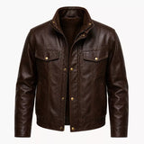 Men’s Dark Brown Leather Bomber Jacket | Zip-Up Snap Button Jacket