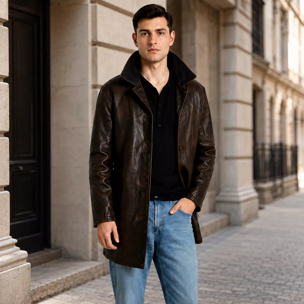Men’s Dark Brown Leather Car Coat | Classic Long Jacket