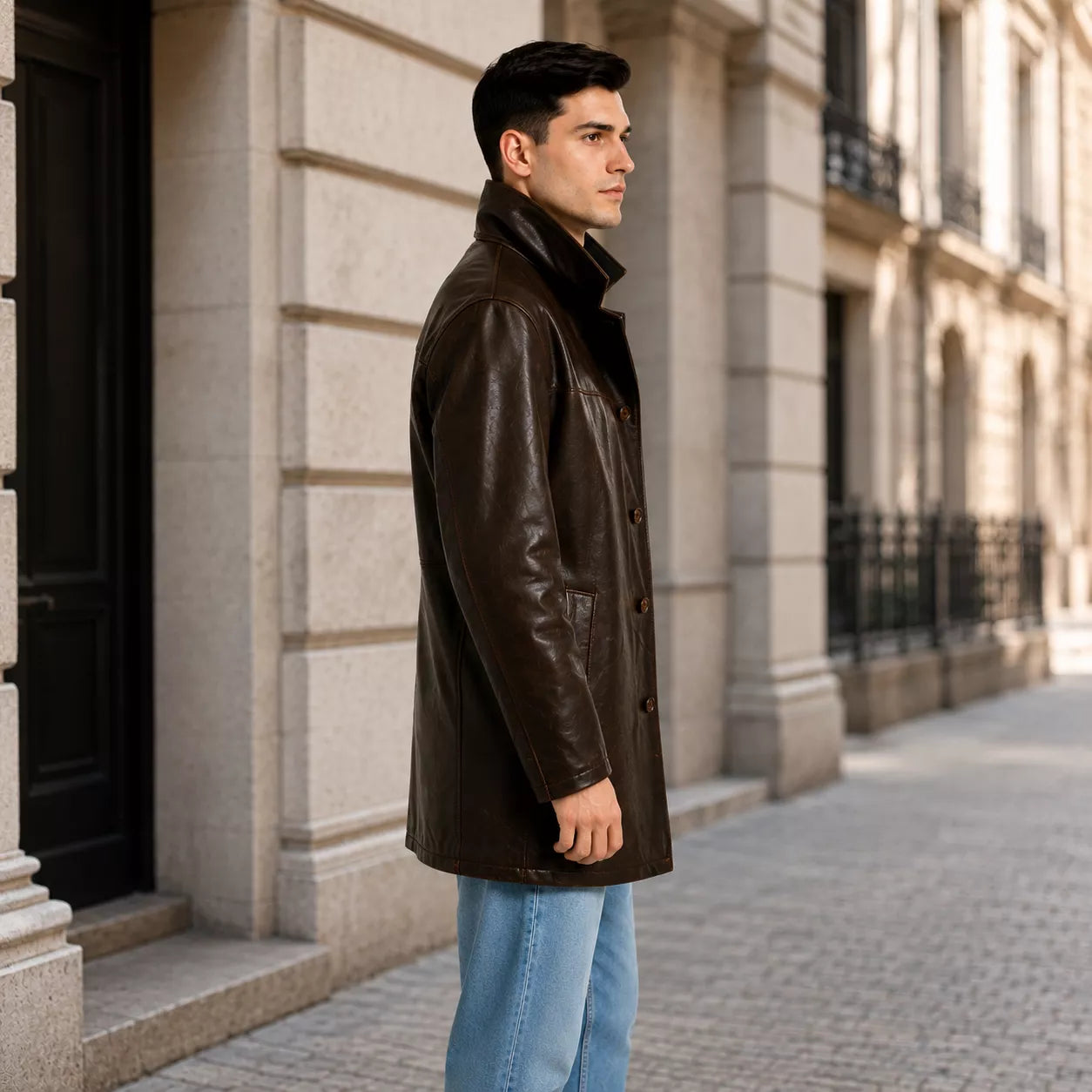 Men’s Dark Brown Leather Car Coat | Classic Long Jacket