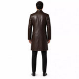 Men’s Dark Brown Leather Double-Breasted Coat | Tailored Longline Trench