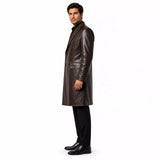 Men’s Dark Brown Leather Double-Breasted Coat | Tailored Longline Trench