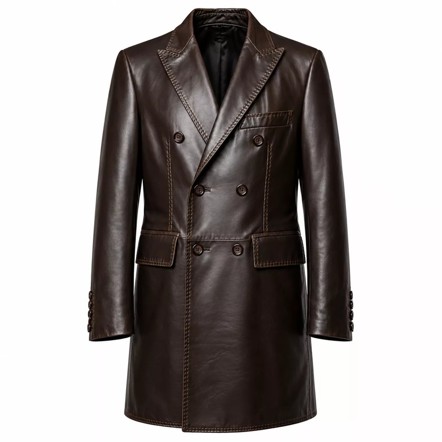 Men’s Dark Brown Leather Double-Breasted Coat | Tailored Longline Trench
