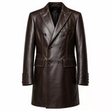 Men’s Dark Brown Leather Double-Breasted Coat | Tailored Longline Trench