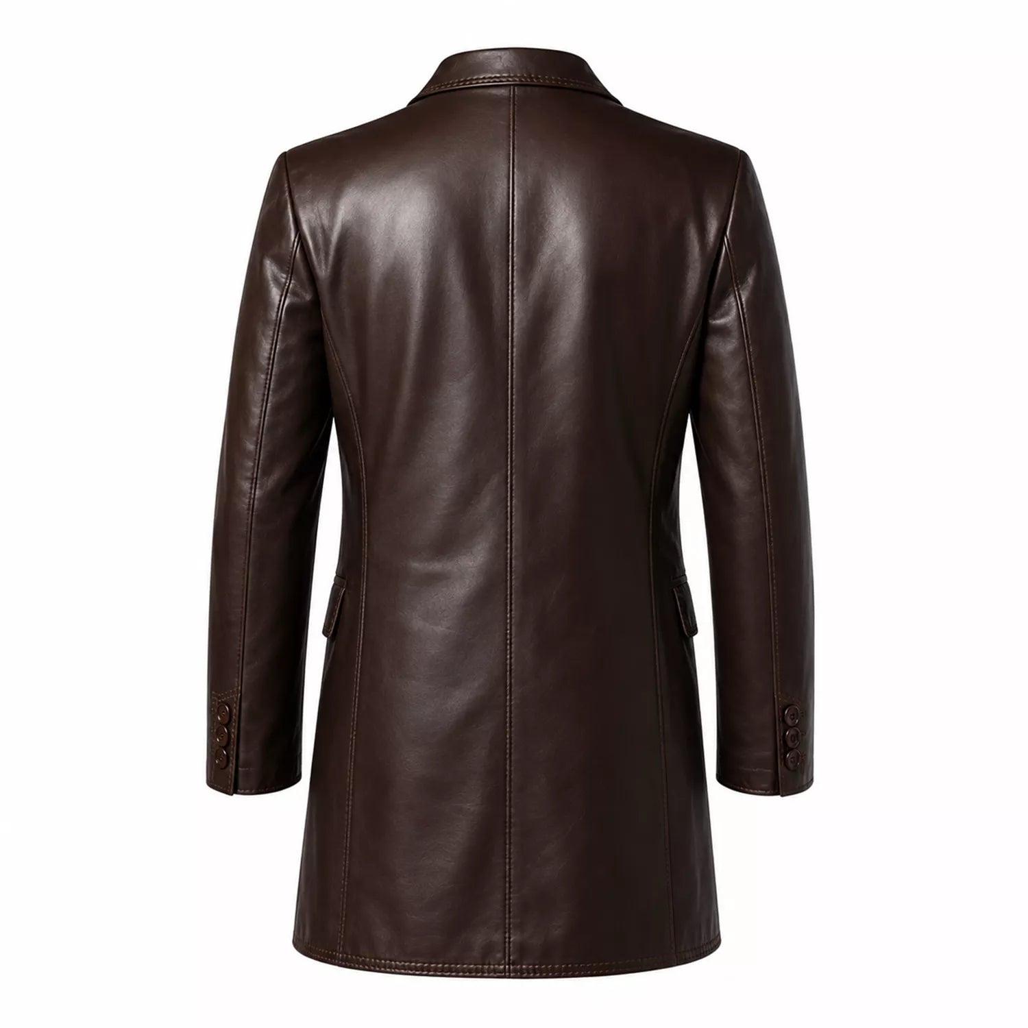 Men’s Dark Brown Leather Double-Breasted Coat | Tailored Longline Trench