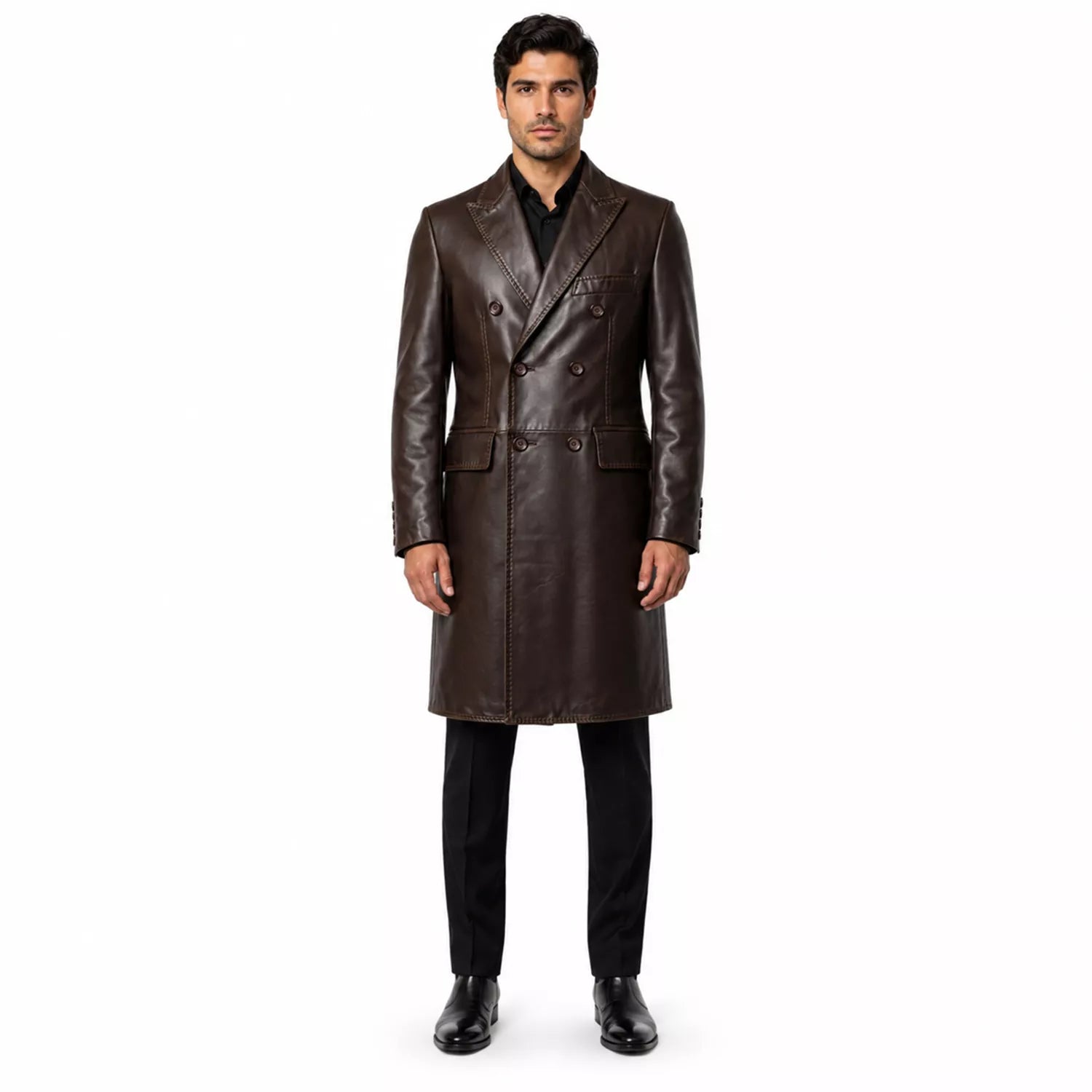 Men’s Dark Brown Leather Double-Breasted Coat | Tailored Longline Trench