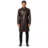Men’s Dark Brown Leather Double-Breasted Coat | Tailored Longline Trench