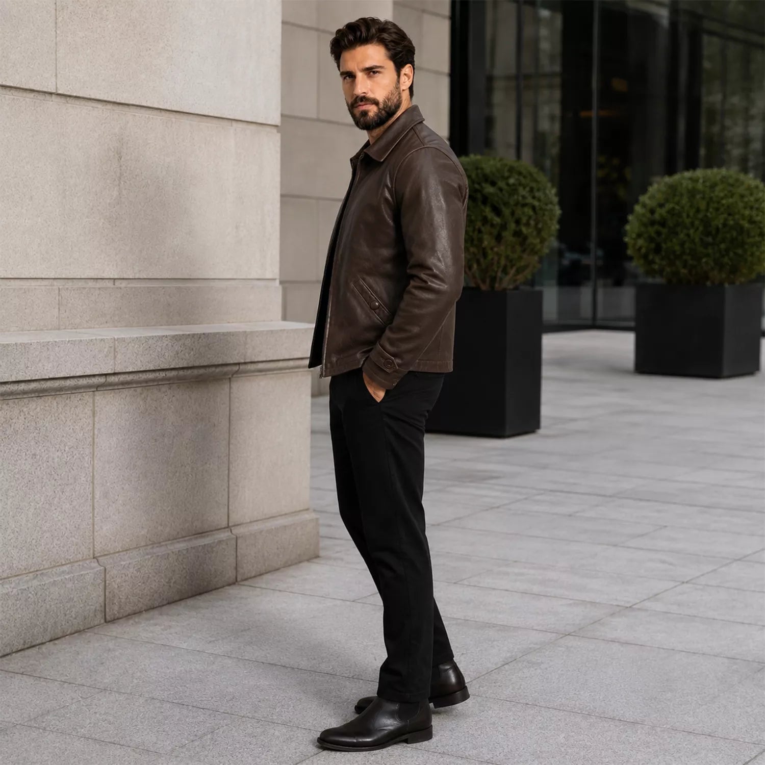 Men’s Dark Brown Leather Jacket | Classic Zip Style