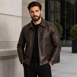 Men’s Dark Brown Leather Jacket | Classic Zip Style