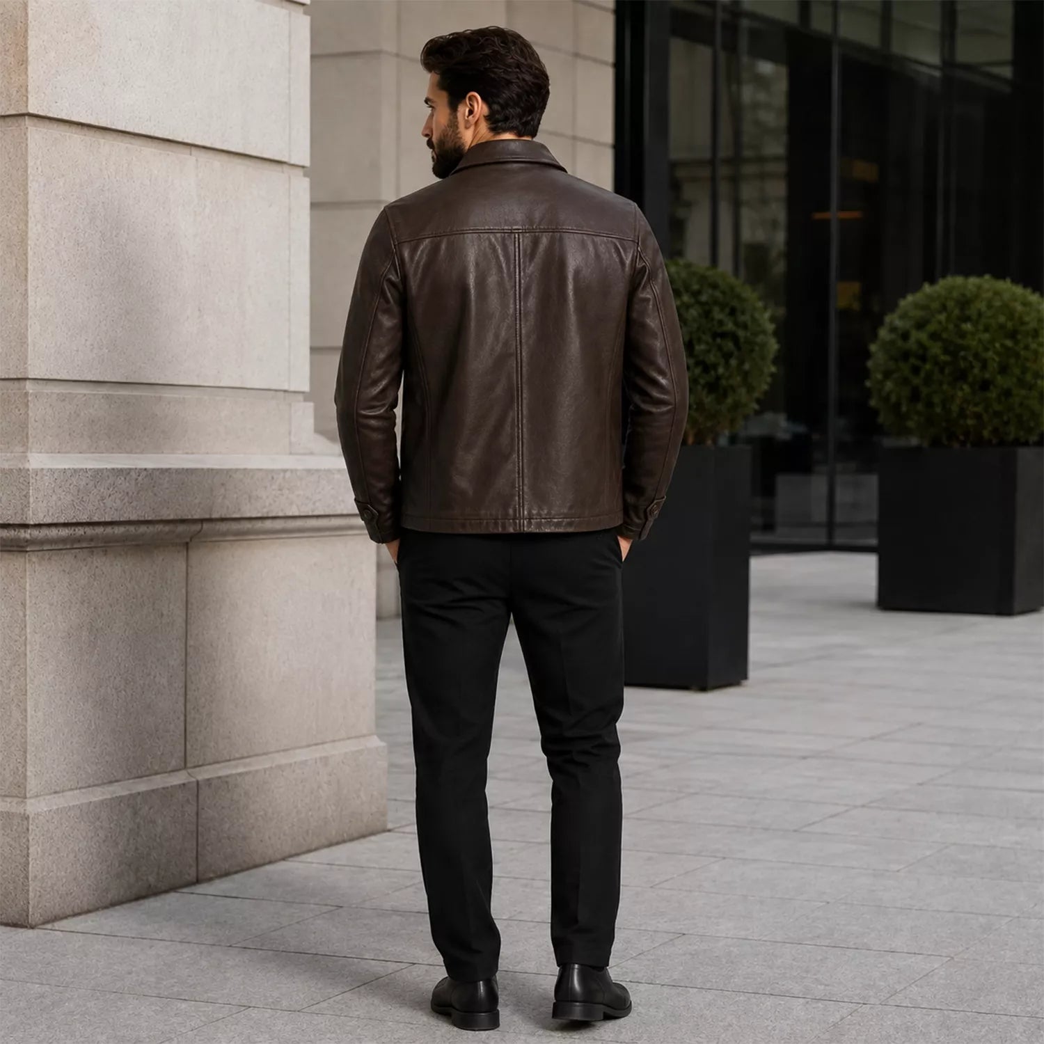 Men’s Dark Brown Leather Jacket | Classic Zip Style
