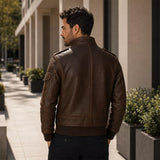 Men’s Dark Brown Leather Utility Racer Jacket | Multi-Pocket Zip-Up Bomber