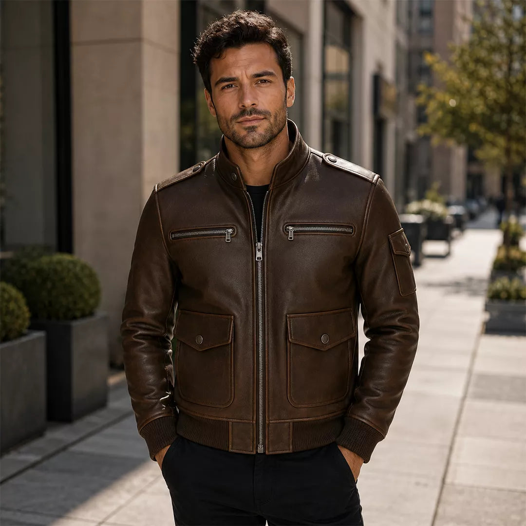 Men’s Dark Brown Leather Utility Racer Jacket | Multi-Pocket Zip-Up Bomber