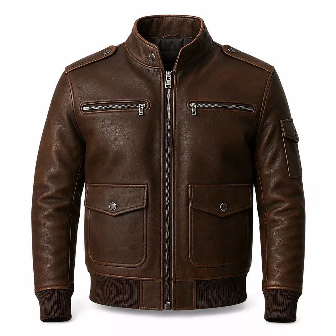 Men’s Dark Brown Leather Utility Racer Jacket | Multi-Pocket Zip-Up Bomber