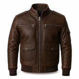 Men’s Dark Brown Leather Utility Racer Jacket | Multi-Pocket Zip-Up Bomber