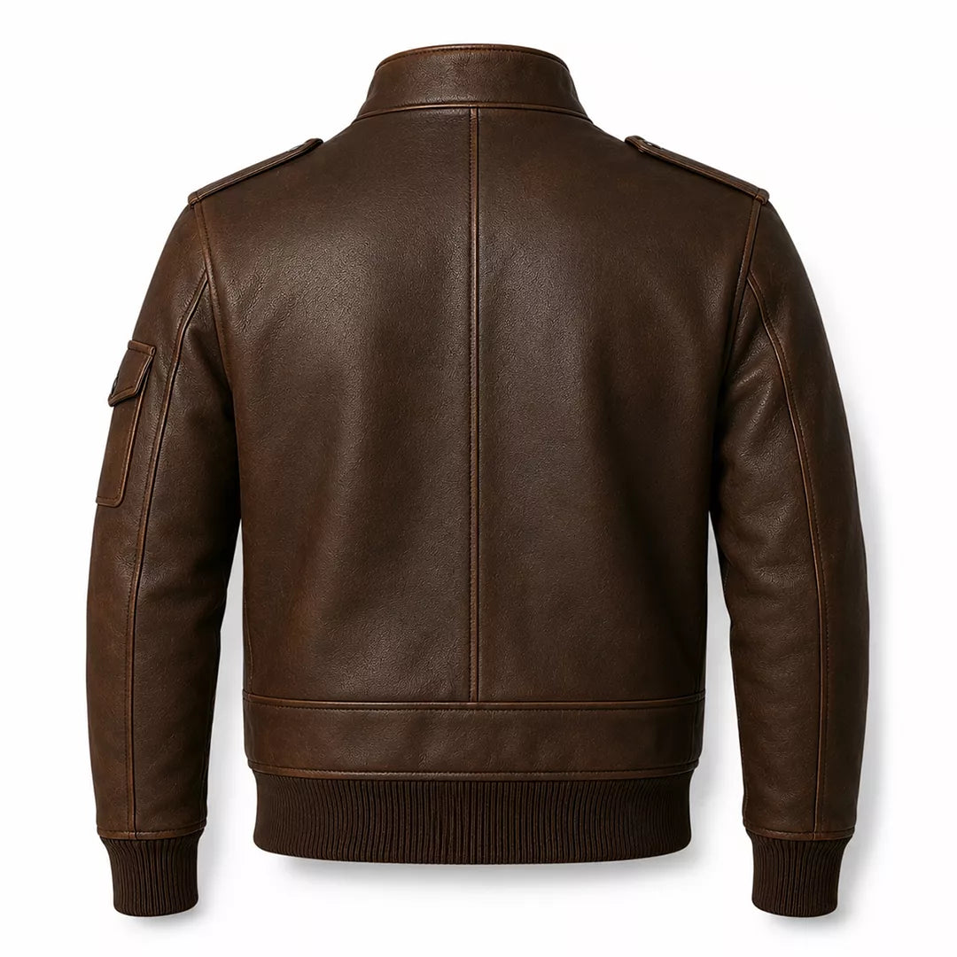 Men’s Dark Brown Leather Utility Racer Jacket | Multi-Pocket Zip-Up Bomber