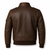 Men’s Dark Brown Leather Utility Racer Jacket | Multi-Pocket Zip-Up Bomber