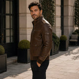 Men’s Dark Brown Leather Utility Racer Jacket | Multi-Pocket Zip-Up Bomber