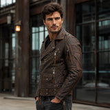 Men’s Distressed Brown Vintage Biker Leather Jacket | Asymmetric Moto Jacket