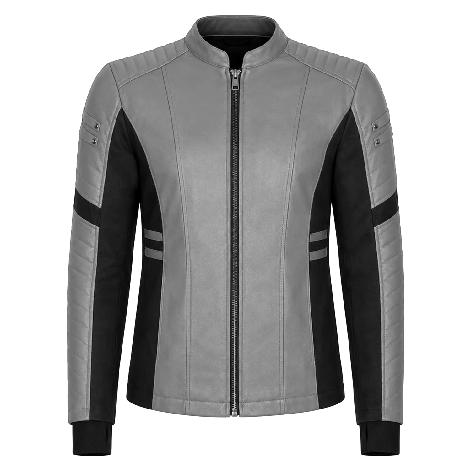 Men’s Grey Black Leather Moto Jacket | Zip-Up Biker Style Jacket