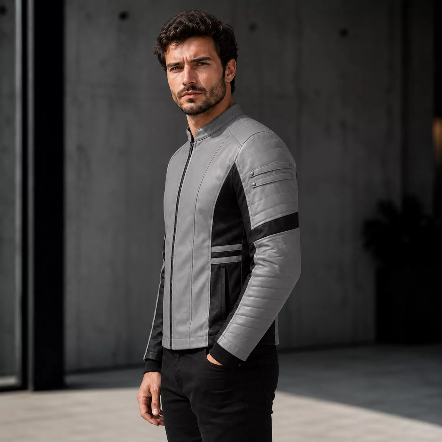 Men’s Grey Black Leather Moto Jacket | Zip-Up Biker Style Jacket