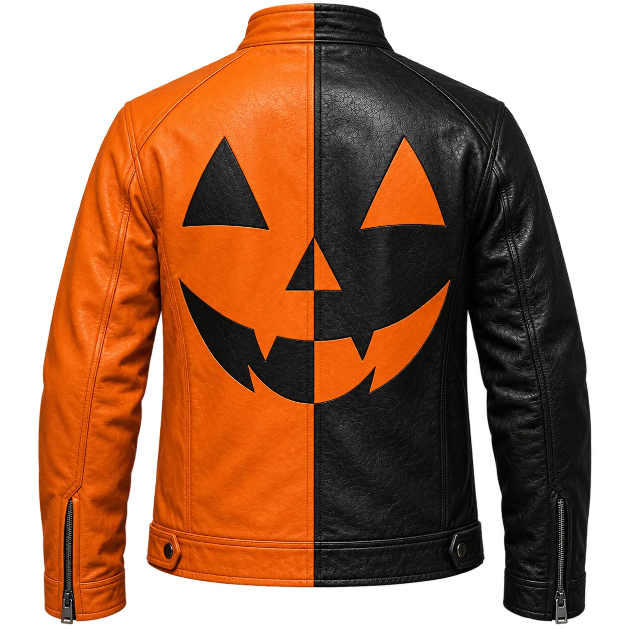 Men’s Halloween Leather Jacket | Black & Orange Pumpkin Face Zip Up Biker Jacket