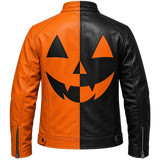Men’s Halloween Leather Jacket | Black & Orange Pumpkin Face Zip Up Biker Jacket