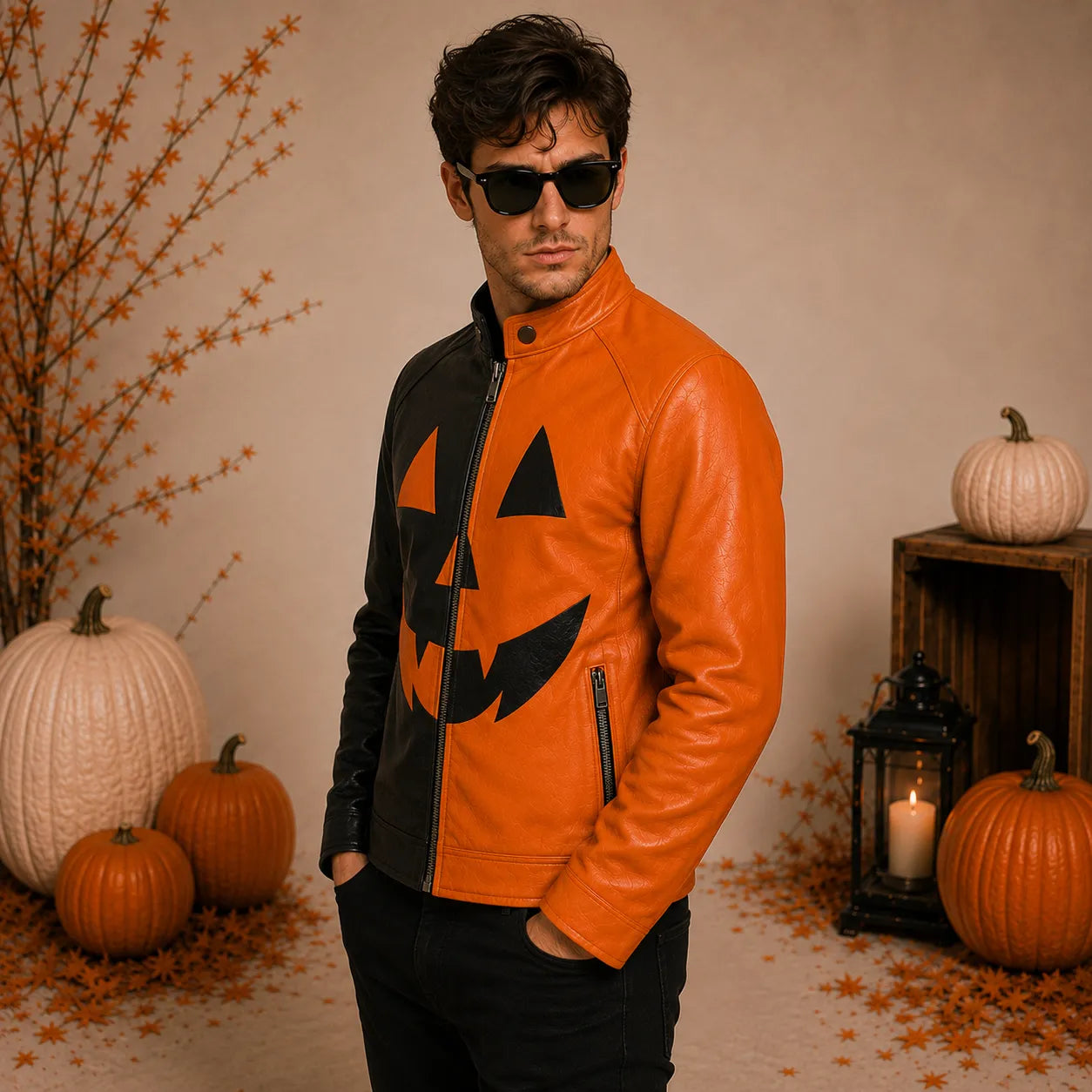 Men’s Halloween Leather Jacket | Black & Orange Pumpkin Face Zip Up Biker Jacket