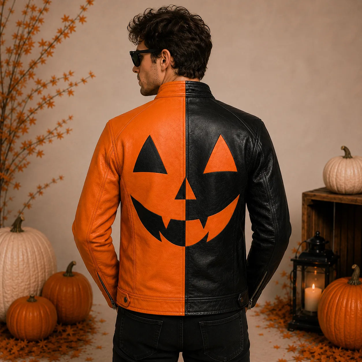 Men’s Halloween Leather Jacket | Black & Orange Pumpkin Face Zip Up Biker Jacket