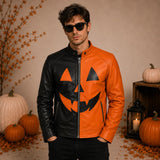 Men’s Halloween Leather Jacket | Black & Orange Pumpkin Face Zip Up Biker Jacket