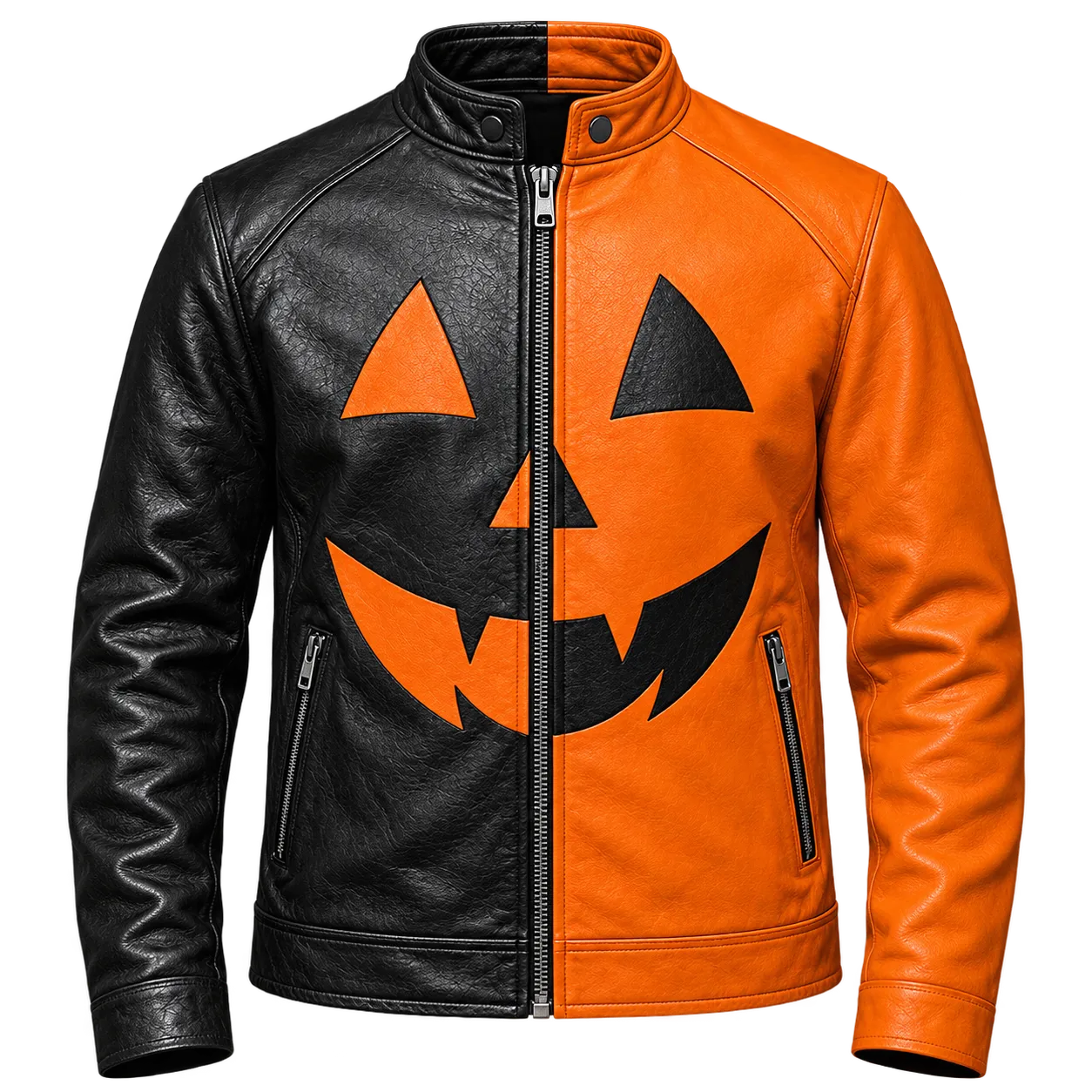 Men’s Halloween Leather Jacket | Black & Orange Pumpkin Face Zip Up Biker Jacket