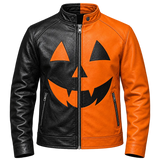 Men’s Halloween Leather Jacket | Black & Orange Pumpkin Face Zip Up Biker Jacket