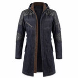 Movie Inspired Hooded Denim Trench Coat | Leather Panel Long Jacket