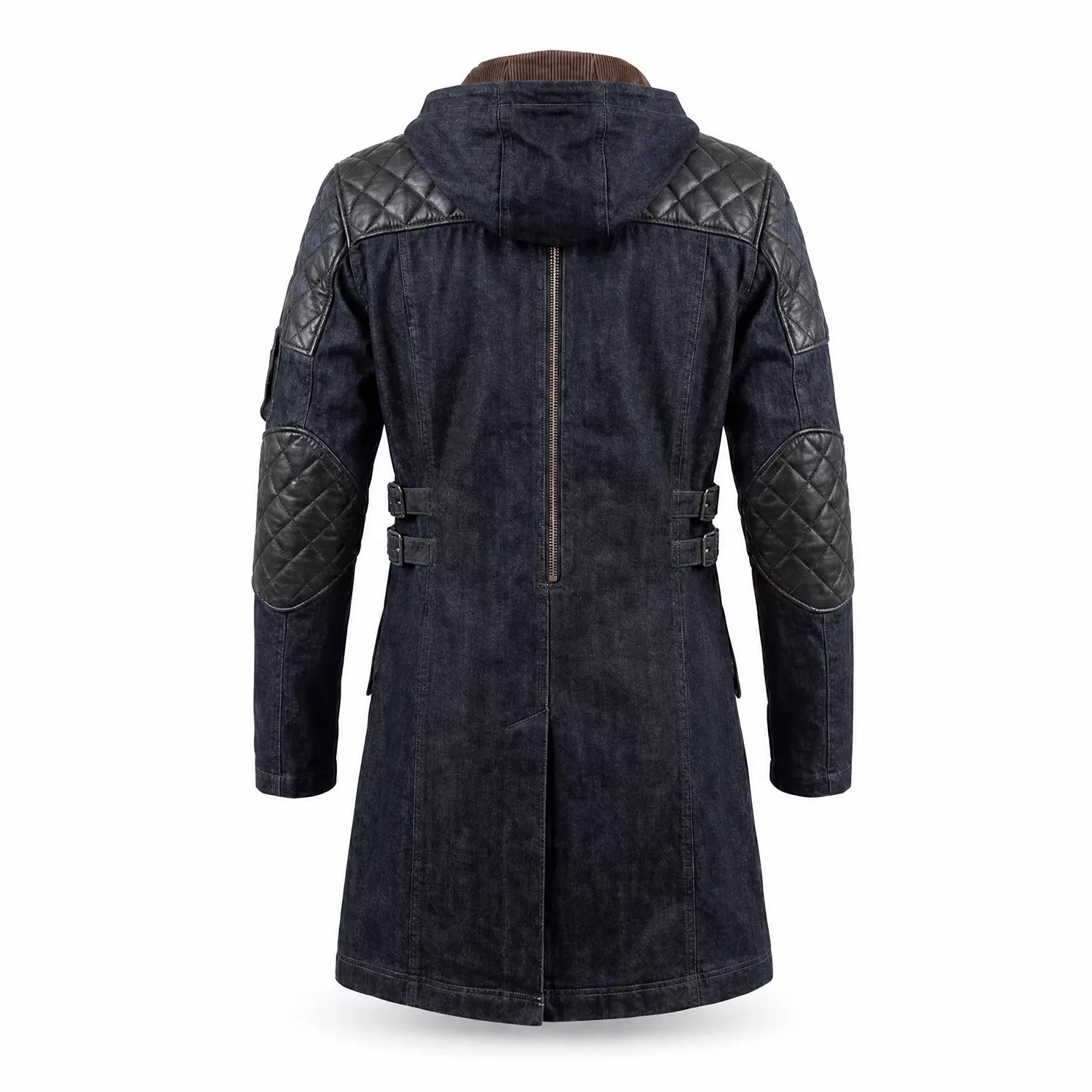 Movie Inspired Hooded Denim Trench Coat | Leather Panel Long Jacket