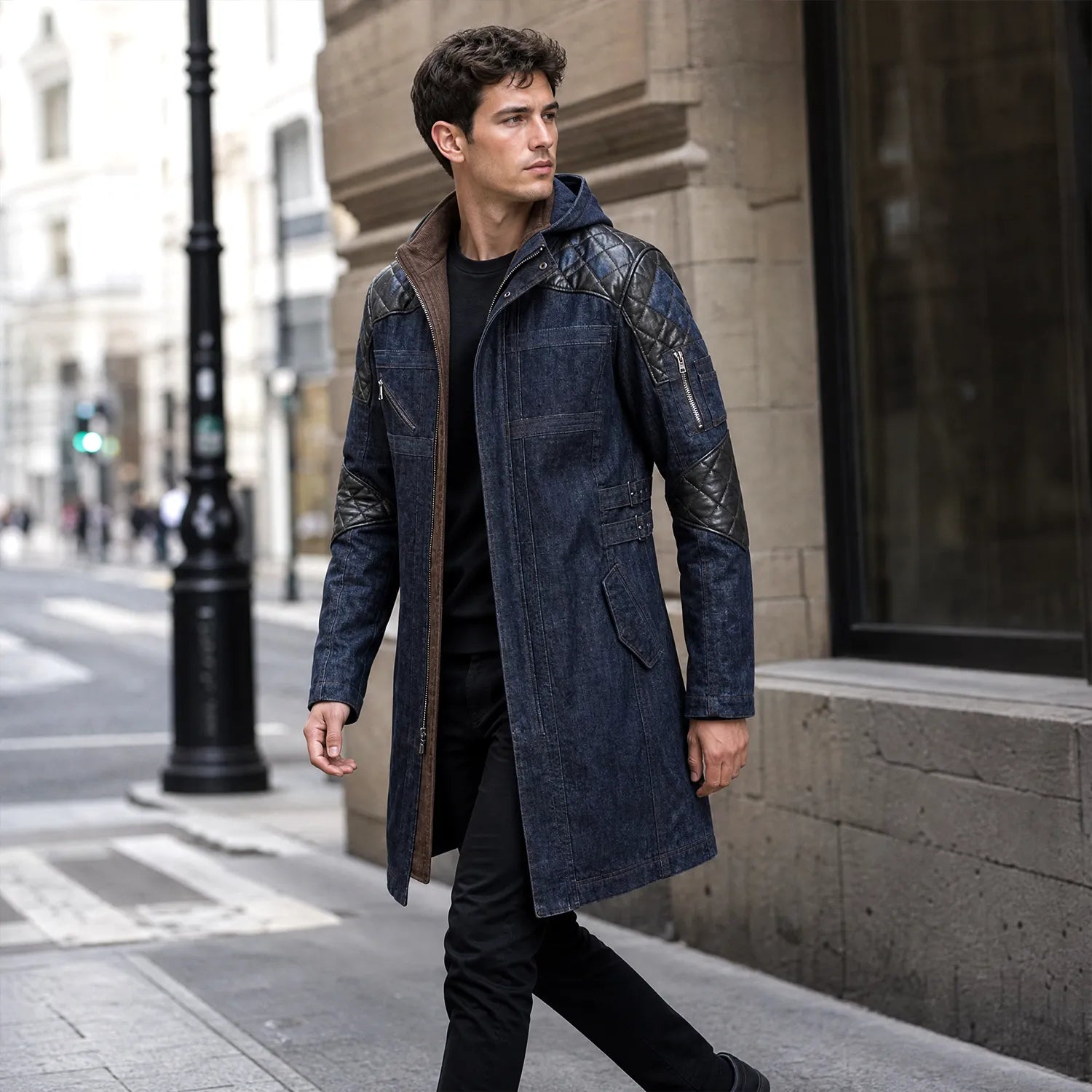 Movie Inspired Hooded Denim Trench Coat | Leather Panel Long Jacket