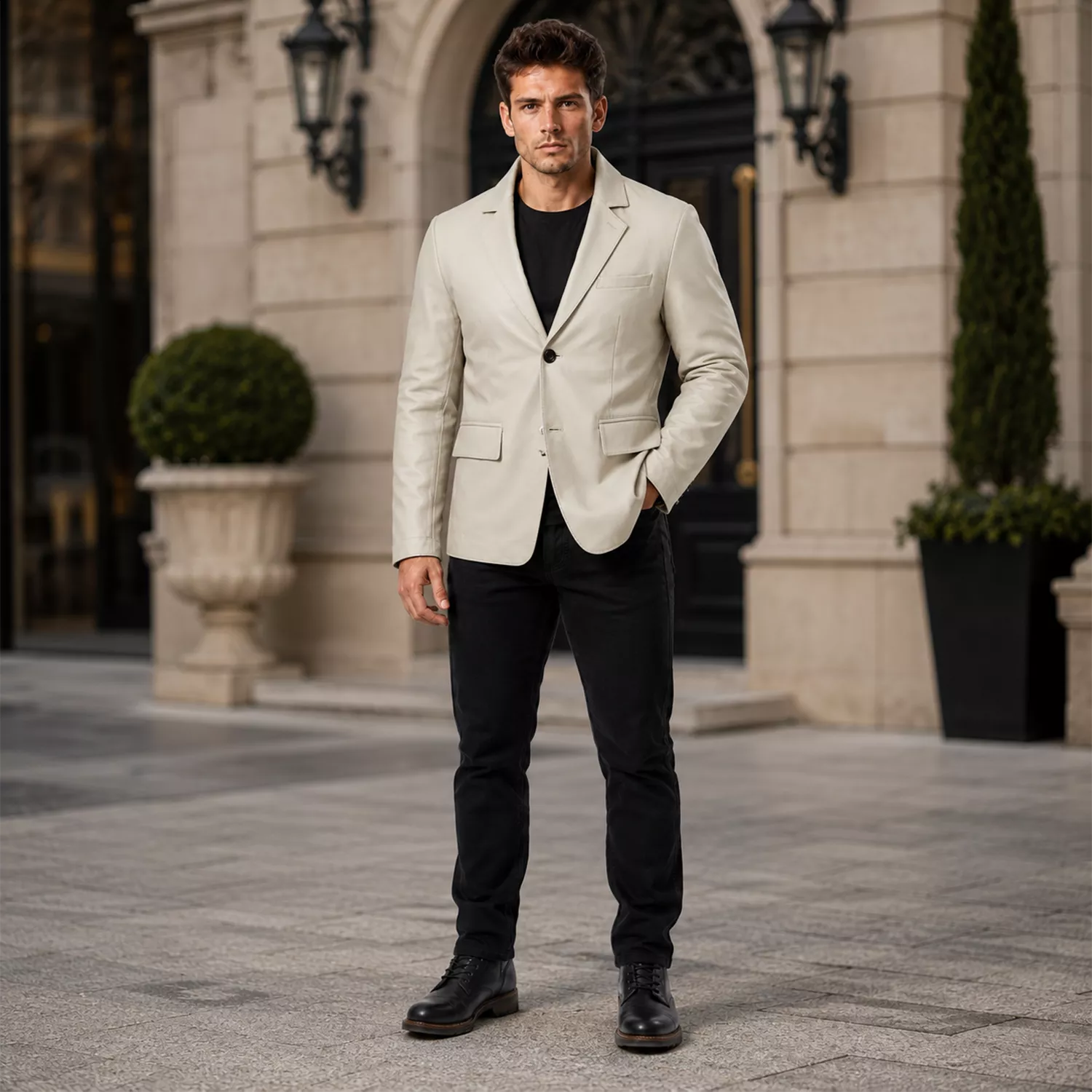 Men’s Ivory Leather Blazer | Cream Tailored Button Front Sport Coat
