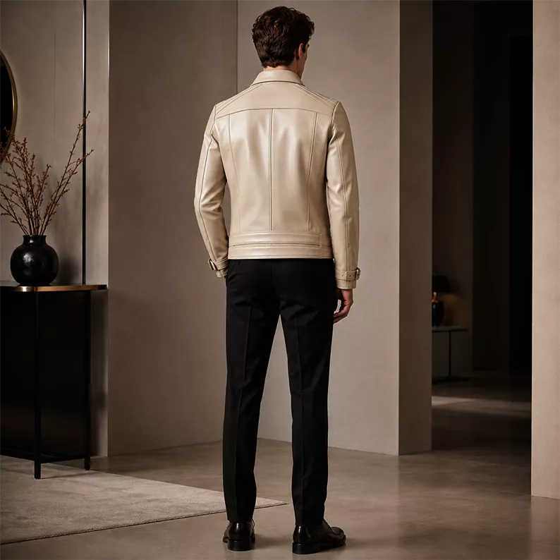 Men’s Ivory Leather Moto Jacket | Cream Zip-Up Biker Jacket