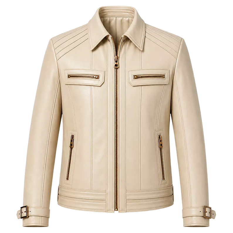 Men’s Ivory Leather Moto Jacket | Cream Zip-Up Biker Jacket