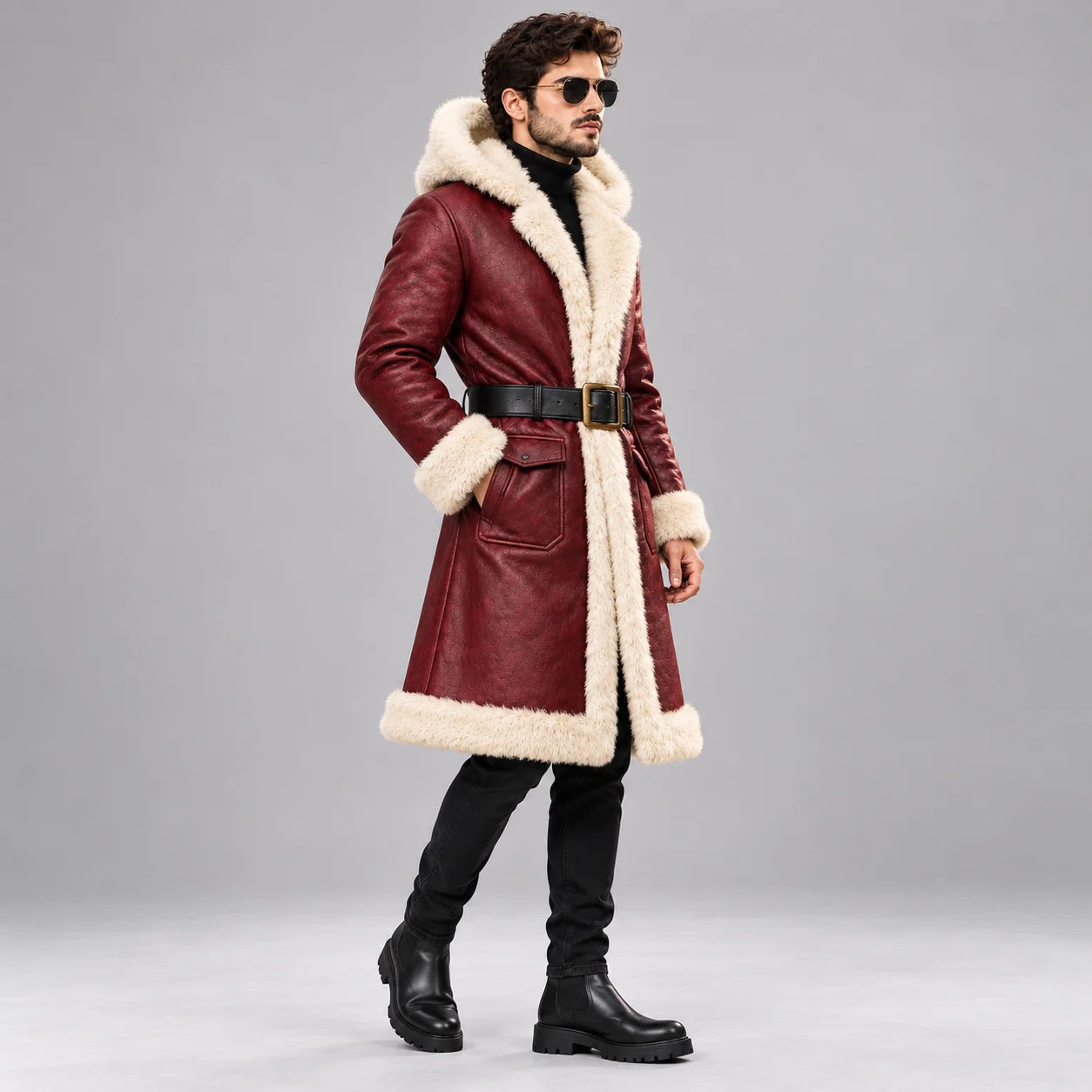 Men's Maroon Leather Shearling Hooded Winter Coat with Belt
