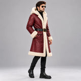 Men's Maroon Leather Shearling Hooded Winter Coat with Belt