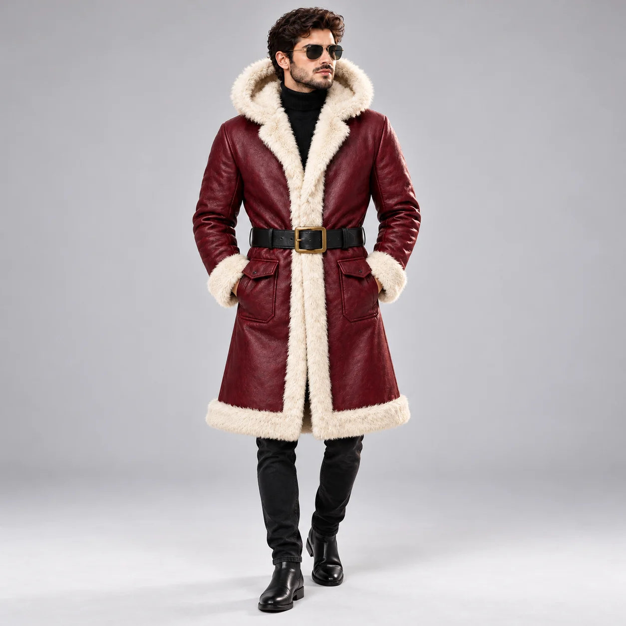 Men's Maroon Leather Shearling Hooded Winter Coat with Belt