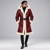 Men's Maroon Leather Shearling Hooded Winter Coat with Belt