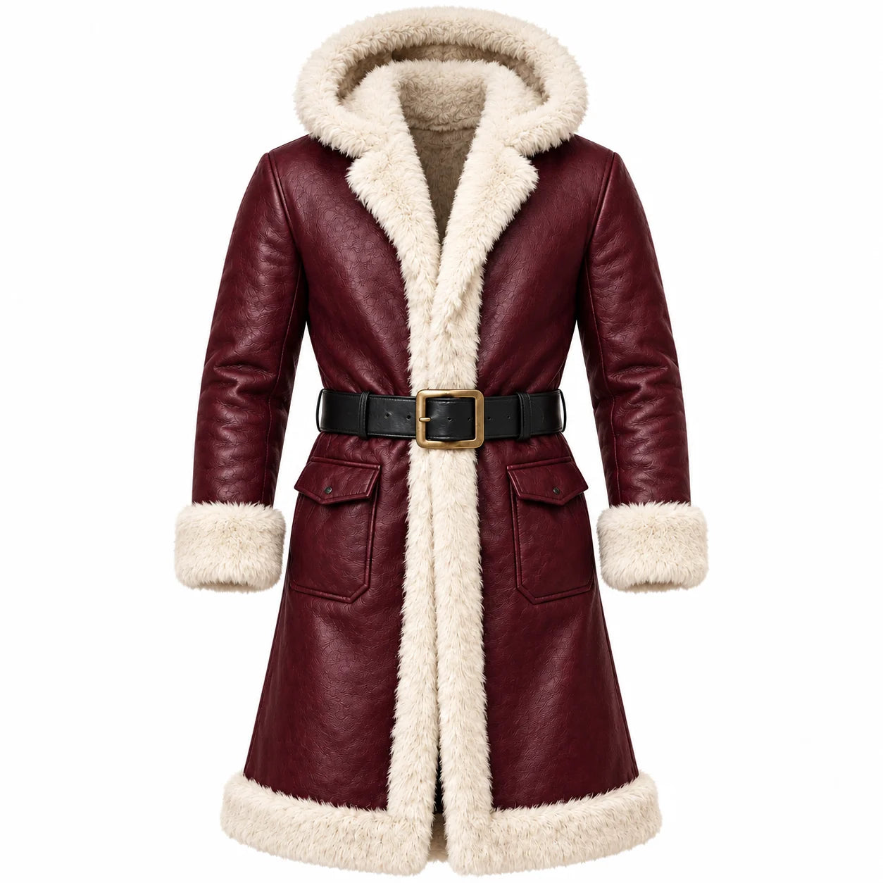 Men's Maroon Leather Shearling Hooded Winter Coat with Belt