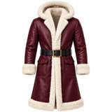 Men's Maroon Leather Shearling Hooded Winter Coat with Belt