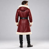 Men's Maroon Leather Shearling Hooded Winter Coat with Belt