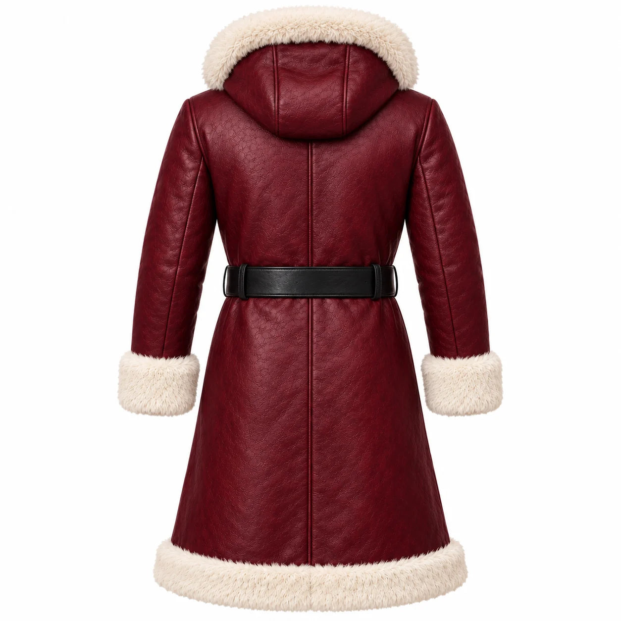 Men's Maroon Leather Shearling Hooded Winter Coat with Belt