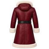 Men's Maroon Leather Shearling Hooded Winter Coat with Belt