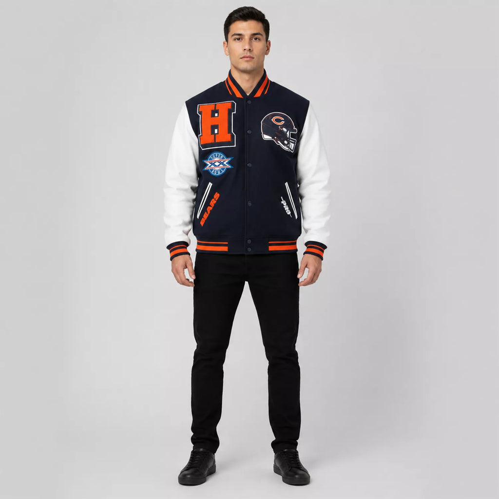 Men’s Navy Orange Football Patch Varsity Jacket | Wool & Leather Sleeve Jacket