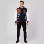 Men’s Navy Orange Football Patch Varsity Jacket | Wool & Leather Sleeve Jacket