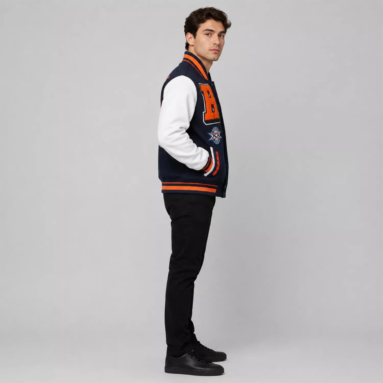 Men’s Navy Orange Football Patch Varsity Jacket | Wool & Leather Sleeve Jacket
