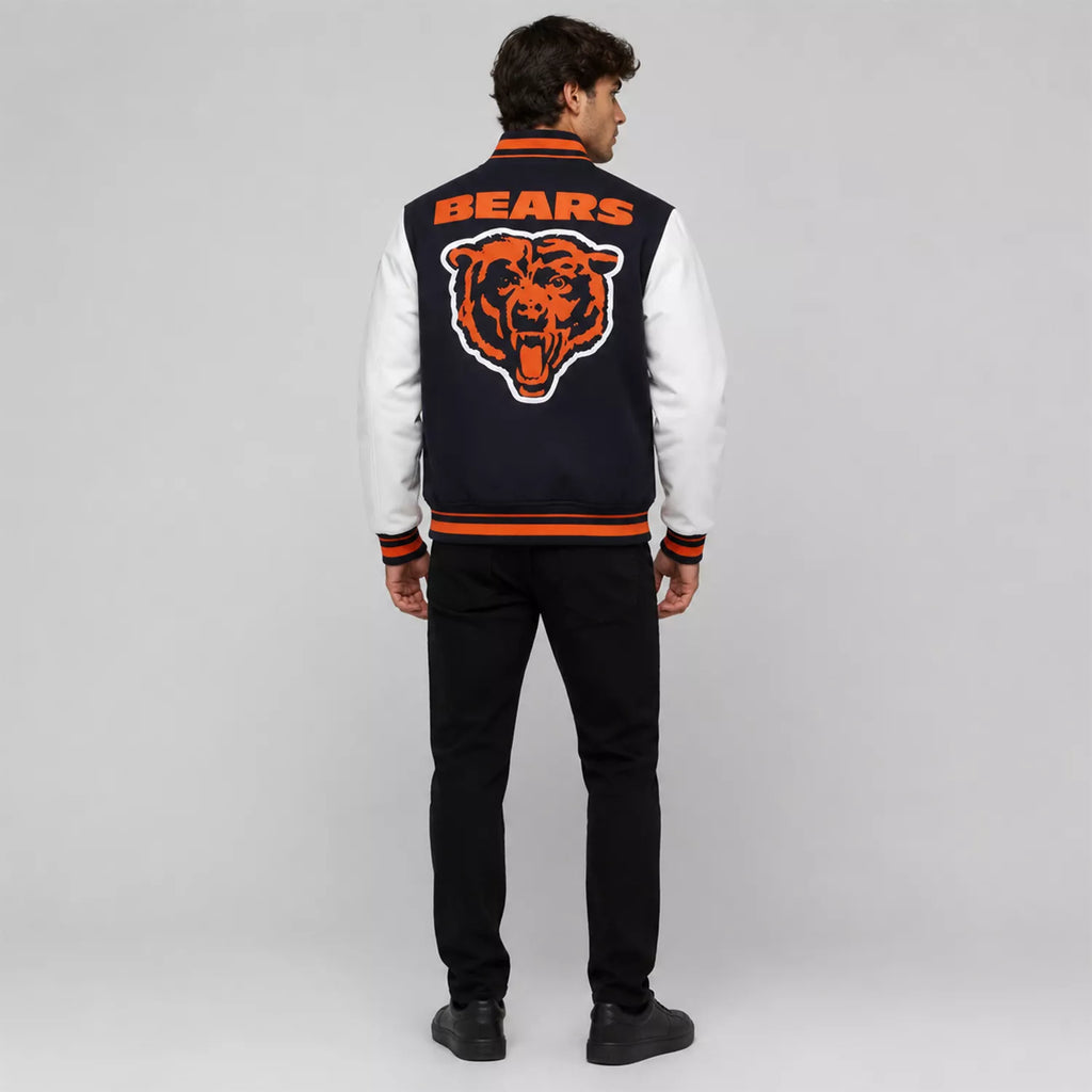 Men’s Navy Orange Football Patch Varsity Jacket | Wool & Leather Sleeve Jacket