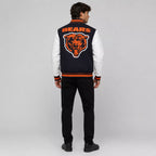 Men’s Navy Orange Football Patch Varsity Jacket | Wool & Leather Sleeve Jacket